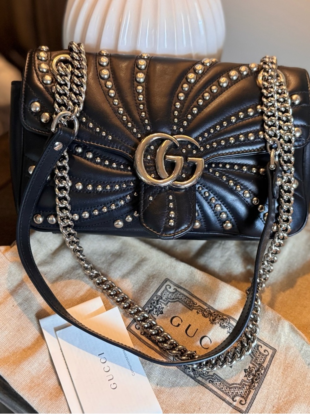 Gucci Black Studded GG Marmont Leather Shoulder Bag
